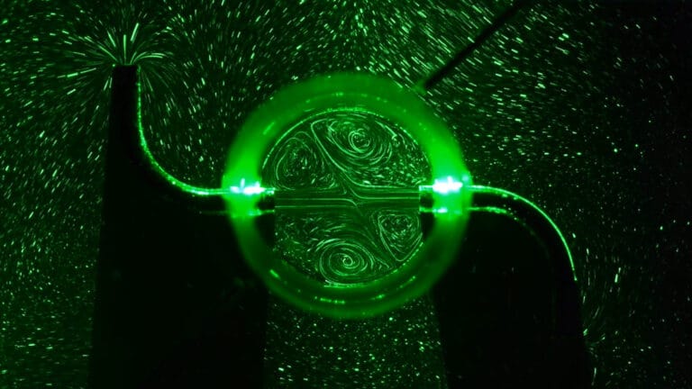 Разбрызгиватель, работающий в инвертированном режиме (вода движется к центру устройства через трубки-сопла внутрь). Хорошо видны формирующиеся внутри него вихри разного размера и направления / © https://doi.org/10.1103/PhysRevLett.132.044003