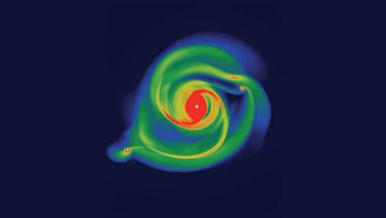 Симуляция нестабильного протопланетного диска с формирующимися протопланетами, цвет показыввает плотность материи (красный — выше, голубой — ниже, белый — наивысшая) / © DOI:10.48550/arxiv.2402.01432