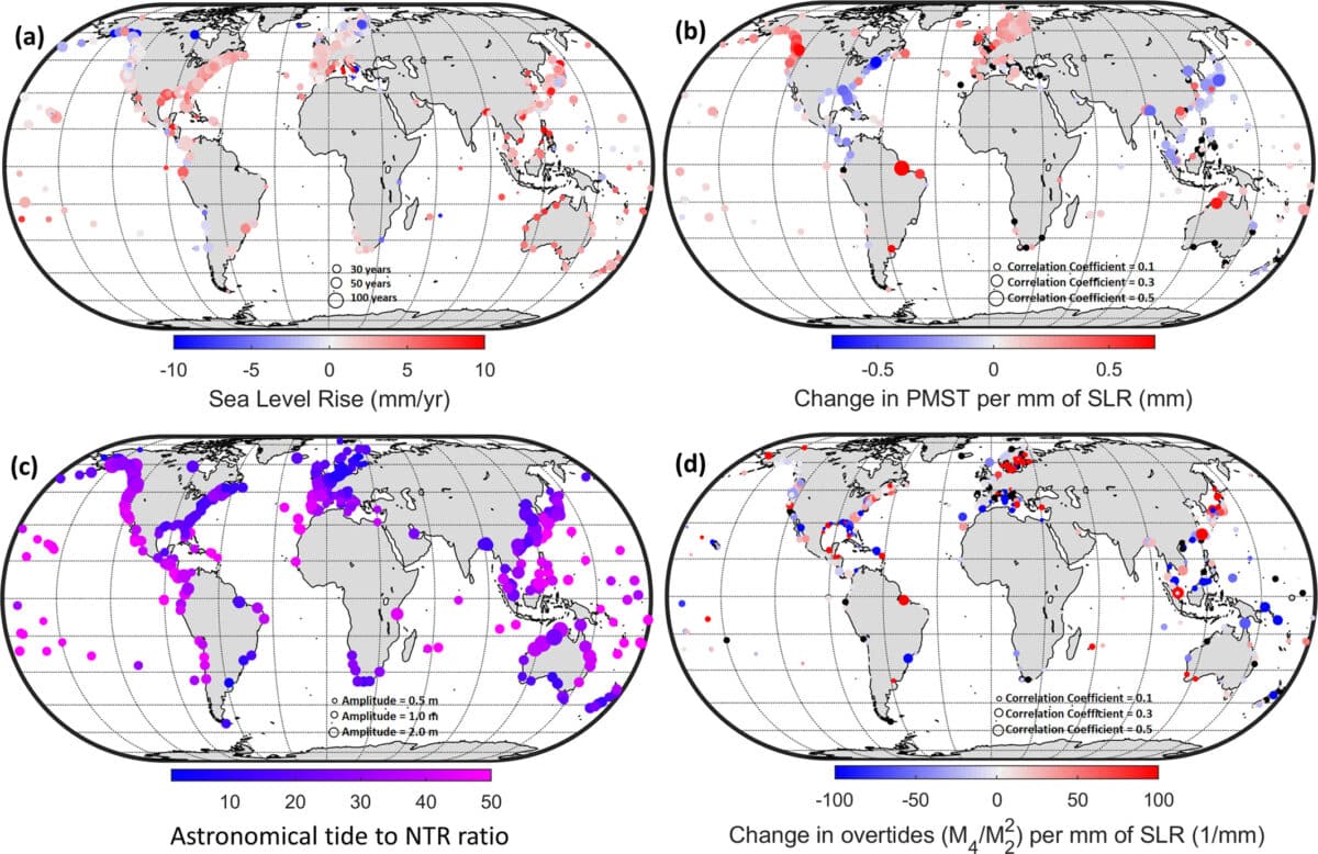 Наблюдаемые изменения в факторах, вызывающих прибрежные наводнения. (a) Скорость повышения среднего уровня моря (MSL); (b) Скорость изменения потенциального максимального штормового прилива (PMST) на миллиметр изменения MSL; (c) Среднее отношение приливов (гармонических приливов) к нагонам; (d) Скорость изменения амплитуды приливов на миллиметр изменения MSL / © H. Moftakhari et al.