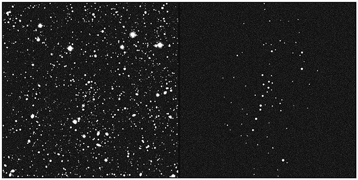 Звезды карликовой галактики Ursa Major III/UNIONS 1 (UMa3/U1) (слева) среди всех звезд в этой области неба (слева) / © CFHT, S. Gwyn, S. Smith, The Astrophysical Journal (2024)