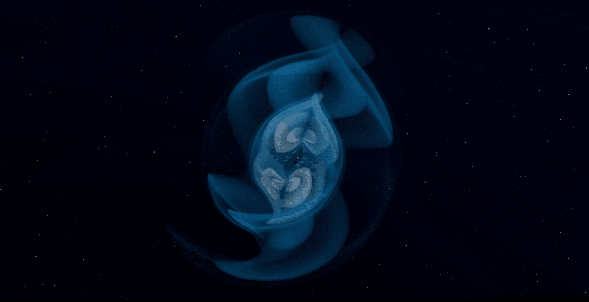 Иллюстрация гравитационных волн от сливающейся пары из черной дыры и нейтронной звезды. Кадр из анимации / © S. V. Chaurasia & T. Dietrich