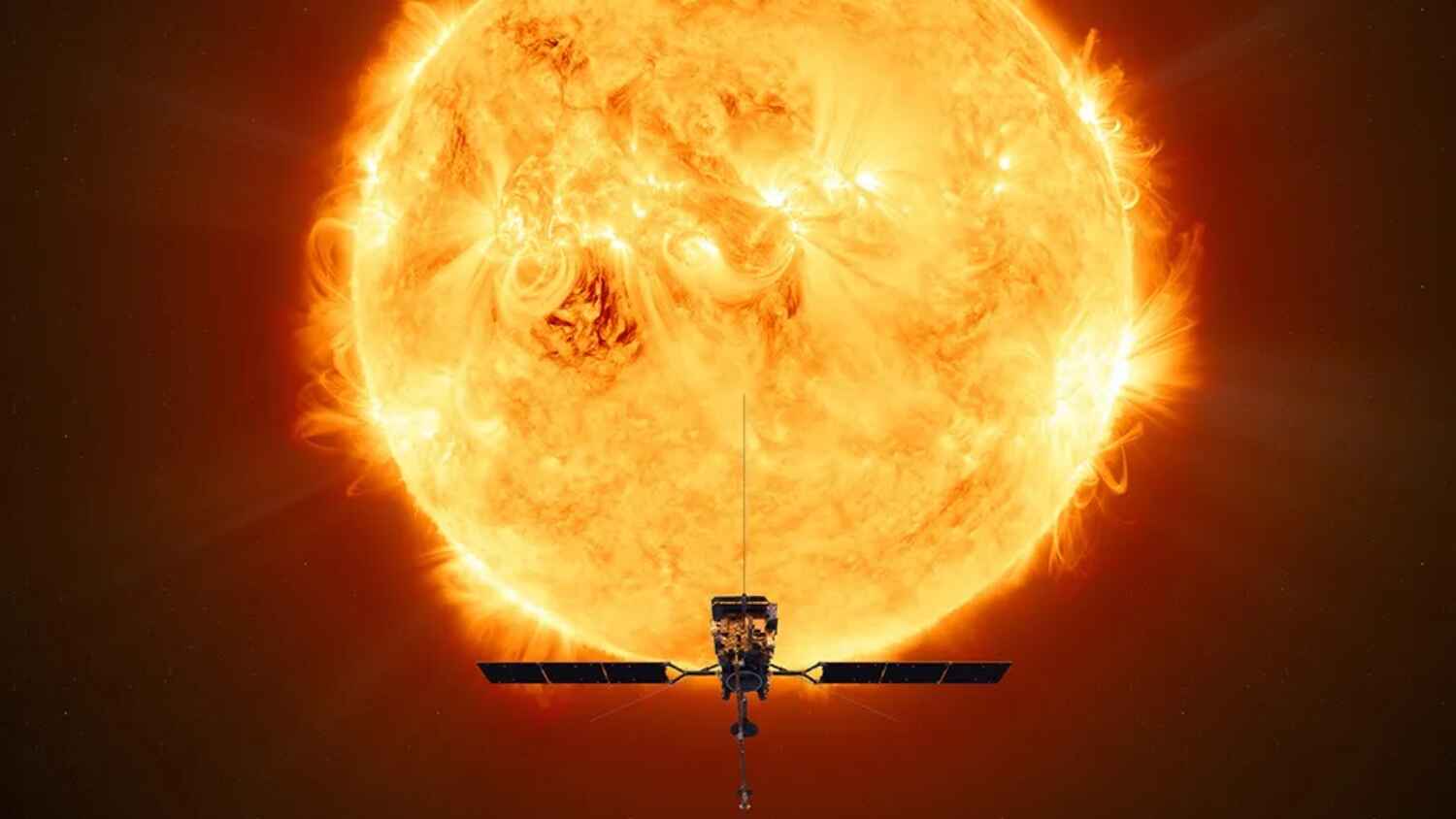 Иллюстрация аппарата Solar Orbiter на фоне Солнца / © ESA, ATG MEDIALAB