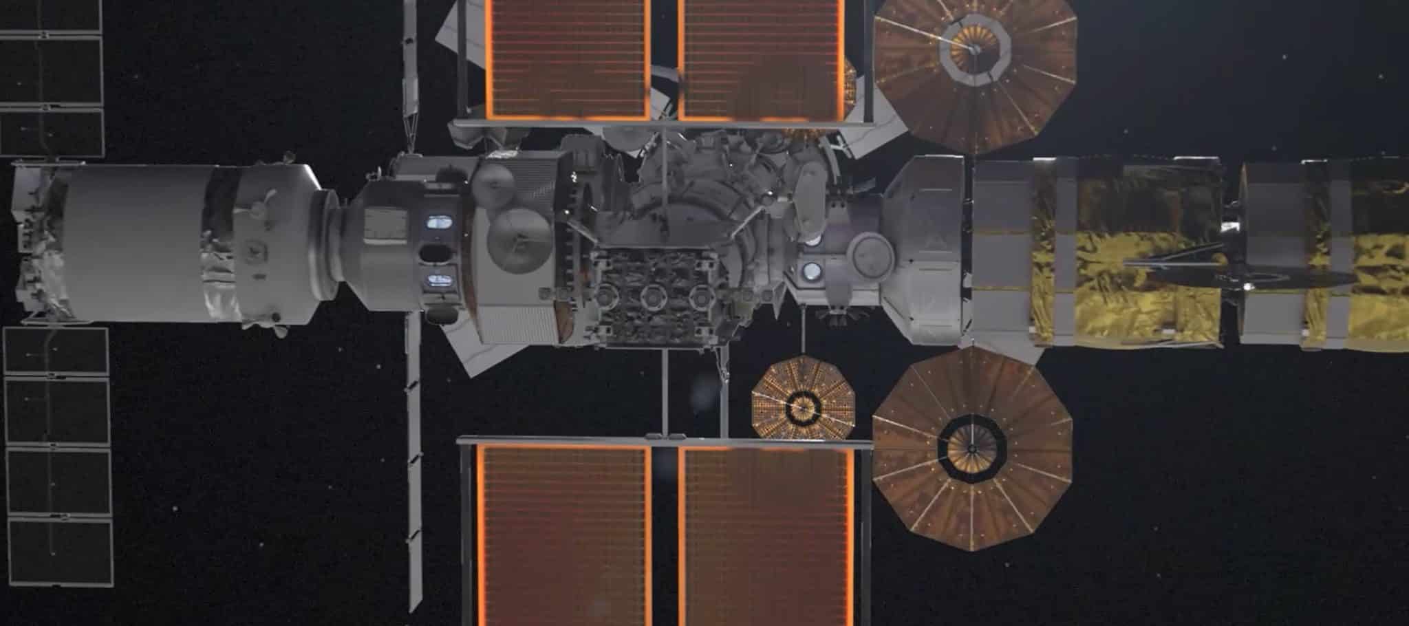 Детализированная 3D-модель посещаемой окололунной орбитальной станции Lunar Gateway. Конфигурация соответствует текущему видению проекта, подсоединены все модули, включая международные, а также пристыкован корабль Orion. При этом не показаны Starship HLS и грузовой корабль / © NASA