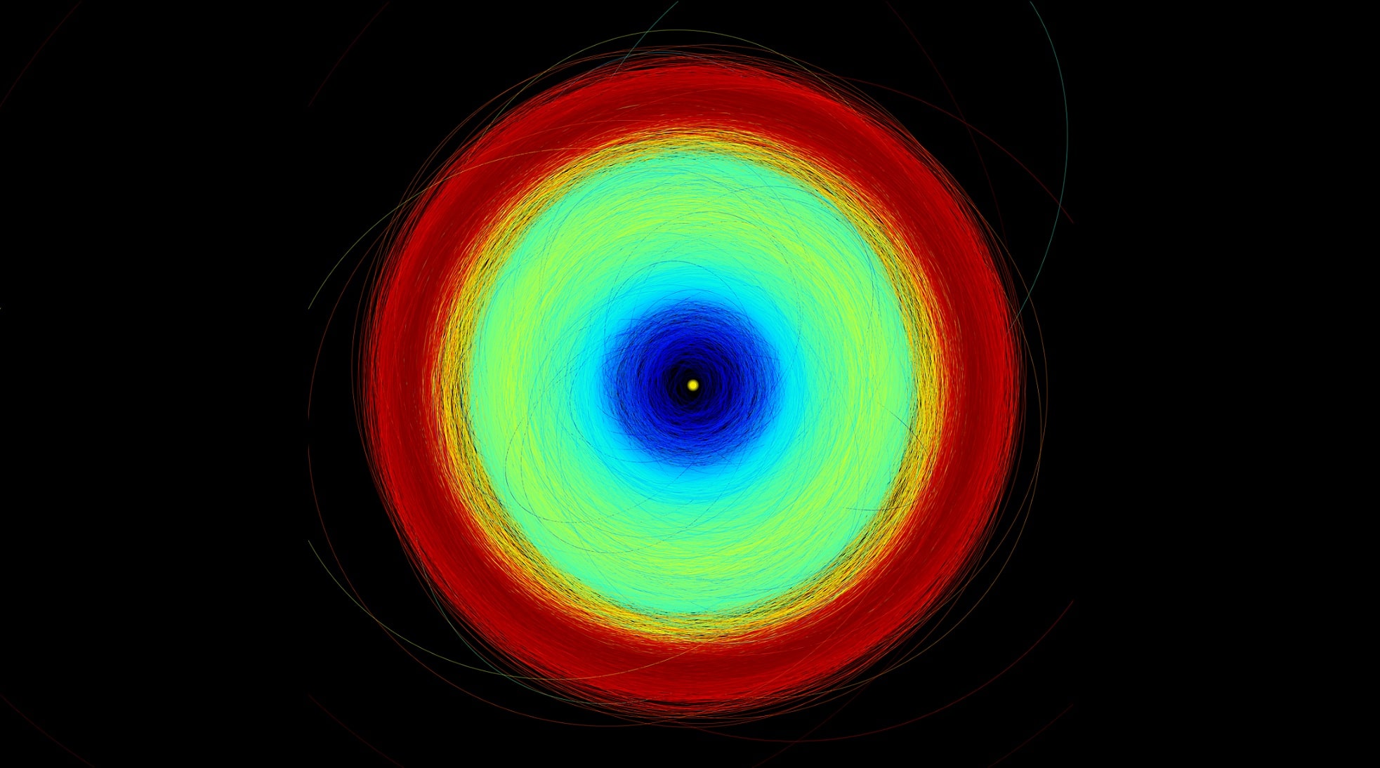 Траектории более 150 тысяч астероидов по данным из релиза Gaia DR3. Синим отмечены траектории астероидов во внутренней части Солнечной системы, зеленым — Главного пояса астероидов между орбитами Марса и Юпитера, красным — Троянских астероидов Юпитера / © ESA/Gaia/DPAC, P. Tanga (Observatoire de la Côte d'Azur)