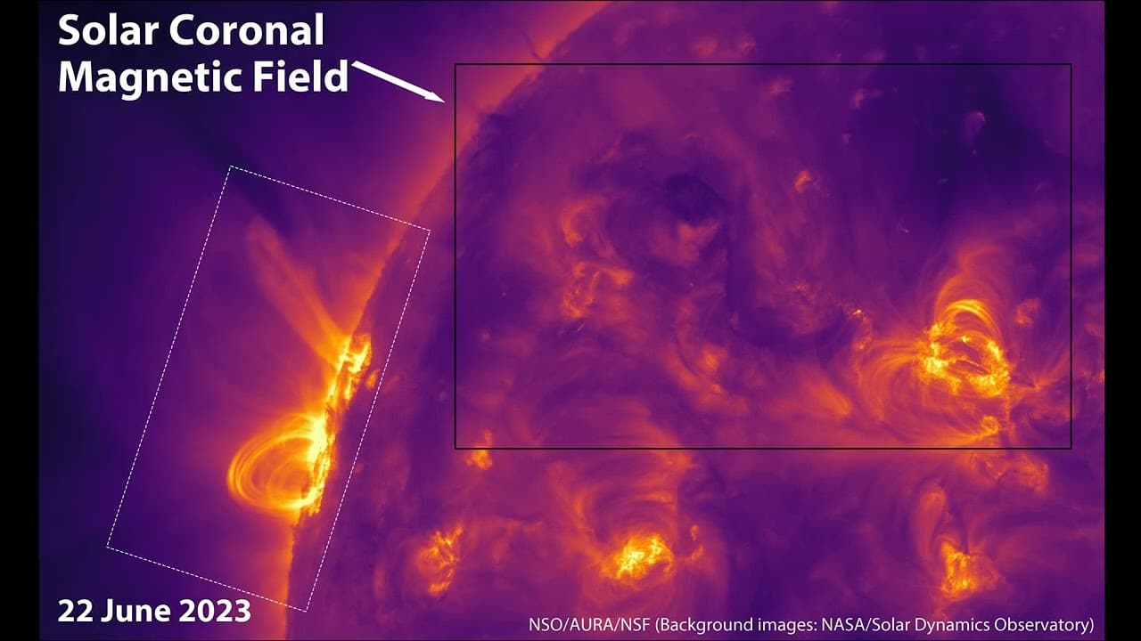 Магнитное поле распространяется вверх в трех измерениях, где образуется солнечная корона, создавая яркий горячий газ / © NSF/NSO/AURA