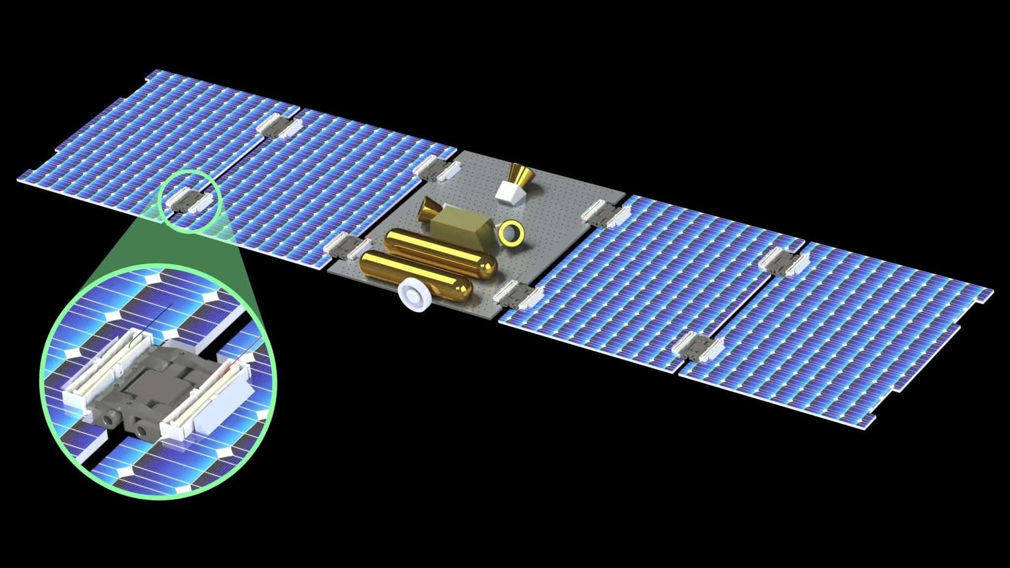 Разрабатываемая Samara Aerospace спутниковая платформа Hummingbird. На изображении выделены шарниры с пьезоэлектрическими актуаторами, позволяющие сегментам солнечных панелей вибрировать, словно быстро машущие крылья колибри / © Samara Aerospace