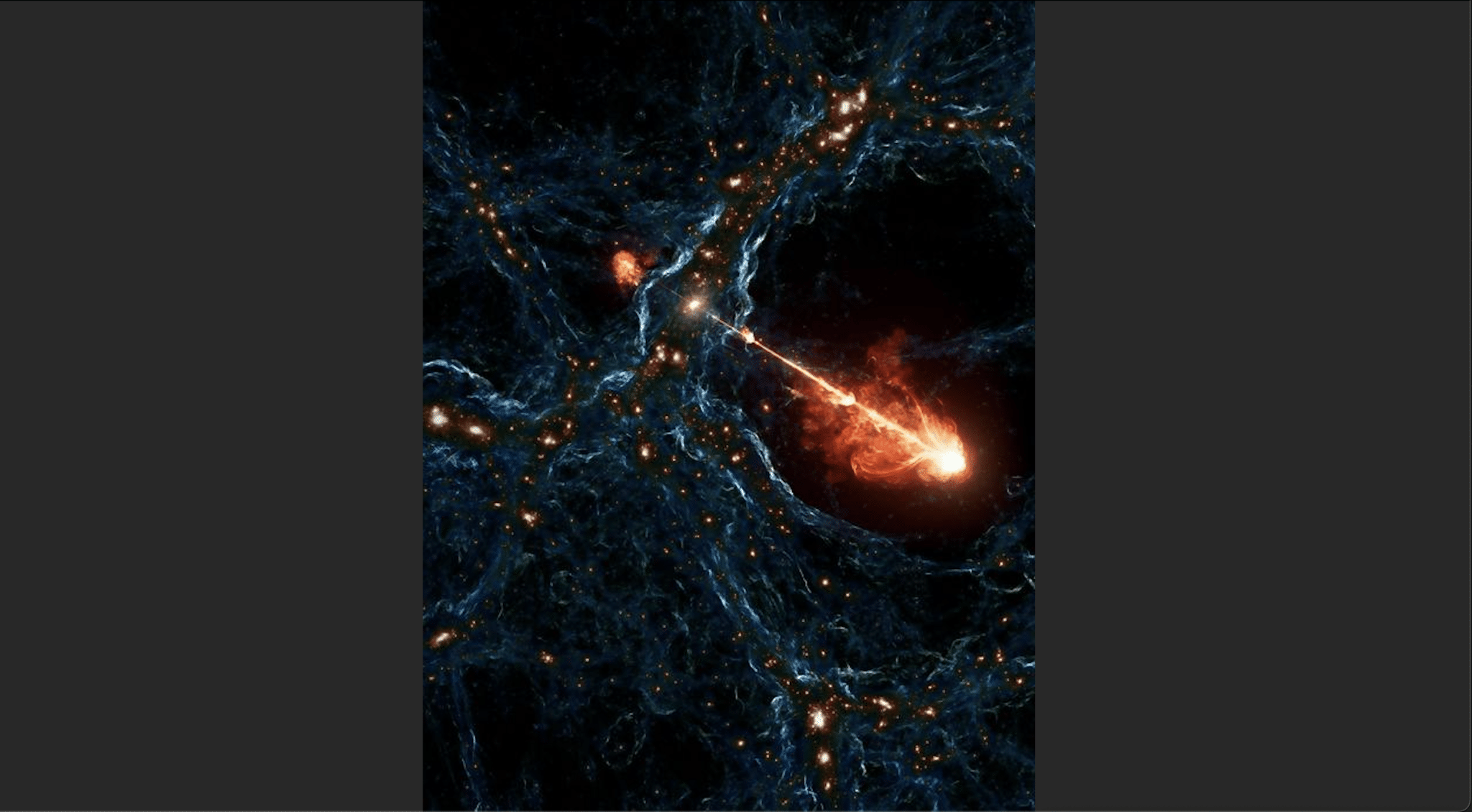 Самые длинные из когда-либо наблюдаемых джетов, вырывающихся из черной дыры, в представлении художника / © E. Wernquist / D. Nelson (IllustrisTNG Collaboration) / M. Oei