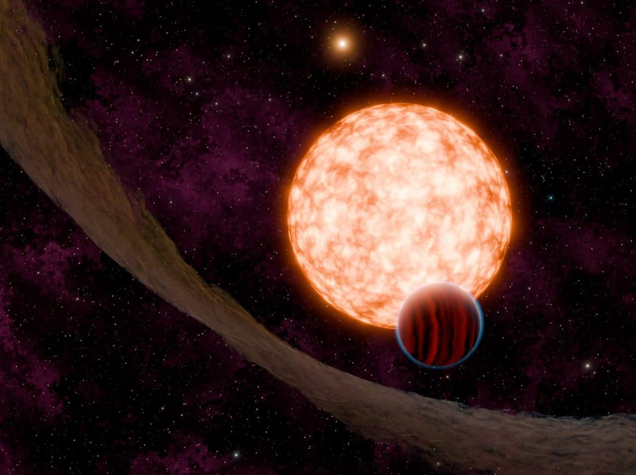 Система IRAS 04125+2902 в представлении художника. В этой системе нашлась самая молодая экзопланета, открытая транзитным методом. Серая полоса — смещенный протопланетный диск. На заднем плане сияет компаньон звезды / © NASA, JPL-Caltech, R. Hurt, K. Miller (Caltech/IPAC)