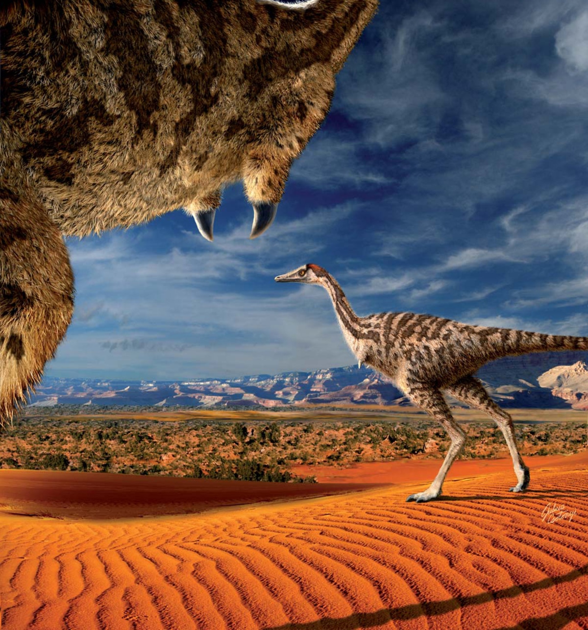 Палеоарт двух особей Linhenykus monodactylus в обычных жизненных условиях. Линьхэник — поздний представитель альваресзаврид с характерно редуцированными передними конечностями / © Wikimedia Commons, Julius T. Csotonyi.