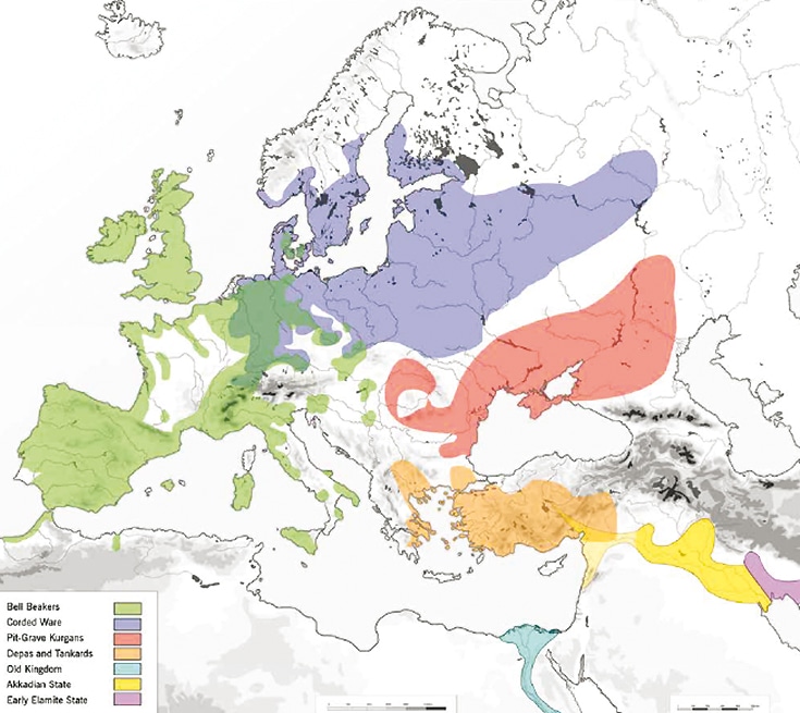 Розовым показана ямная культура, прямые предки греков (кроме минойцев) и армян. Фиолетовым показана культура шнуровой керамики, предки германцев. Зеленым обозначена культура колоколовидных кубков, предки кельтов, италийцев, иберийцев и других западноевропейцев негерманского происхождения. Оранжевым показаны места находок минойской керамики, желтым — аккадская держава / © Préhistoires Mediterraneennes