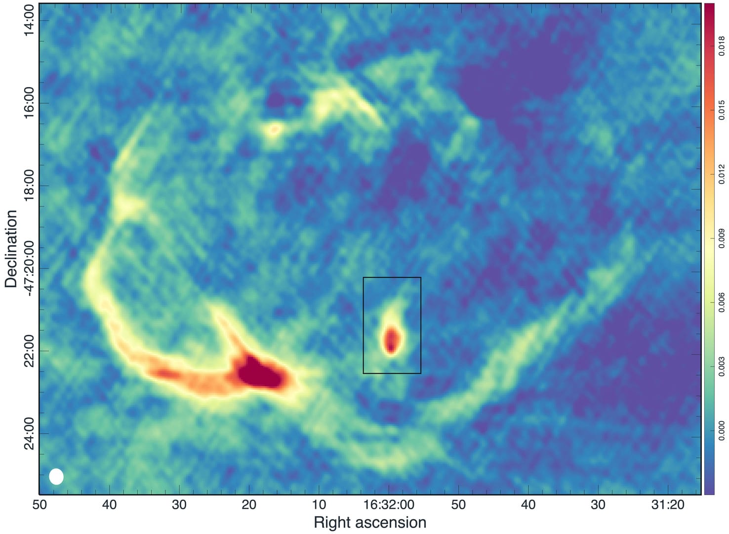 Радиоизображение сверхновой G336.7+0.5 на частоте 888 мегагерц. Молодой и энергичный пульсар заключен в черный прямоугольник / © arXiv (2024). DOI: 10.48550/arxiv.2412.11345