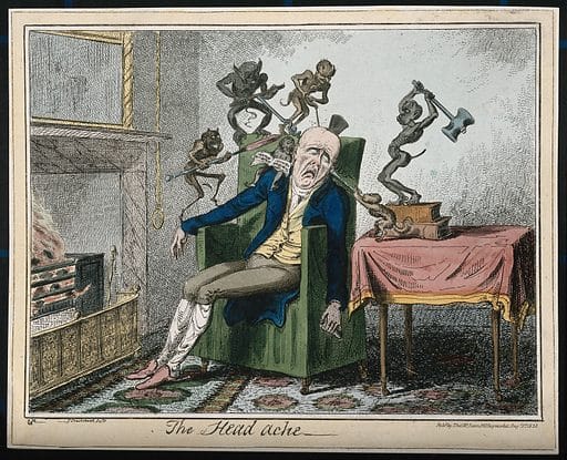 Мужчина, страдающий от головной боли в виде чертей. Цветная гравюра Г. Крукшенка, 1835 год  / © lookandlearn.com