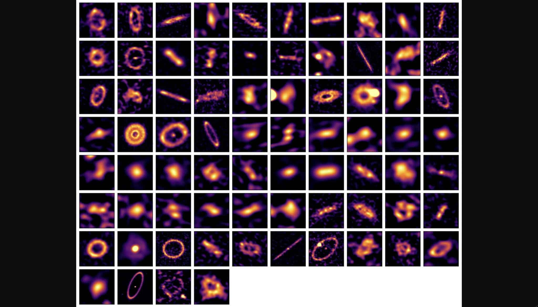 На изображении 74 звездные системы с кометными поясами. Снимки получены с помощью радиотелескопов SMA и ALMA / © Luca Matra