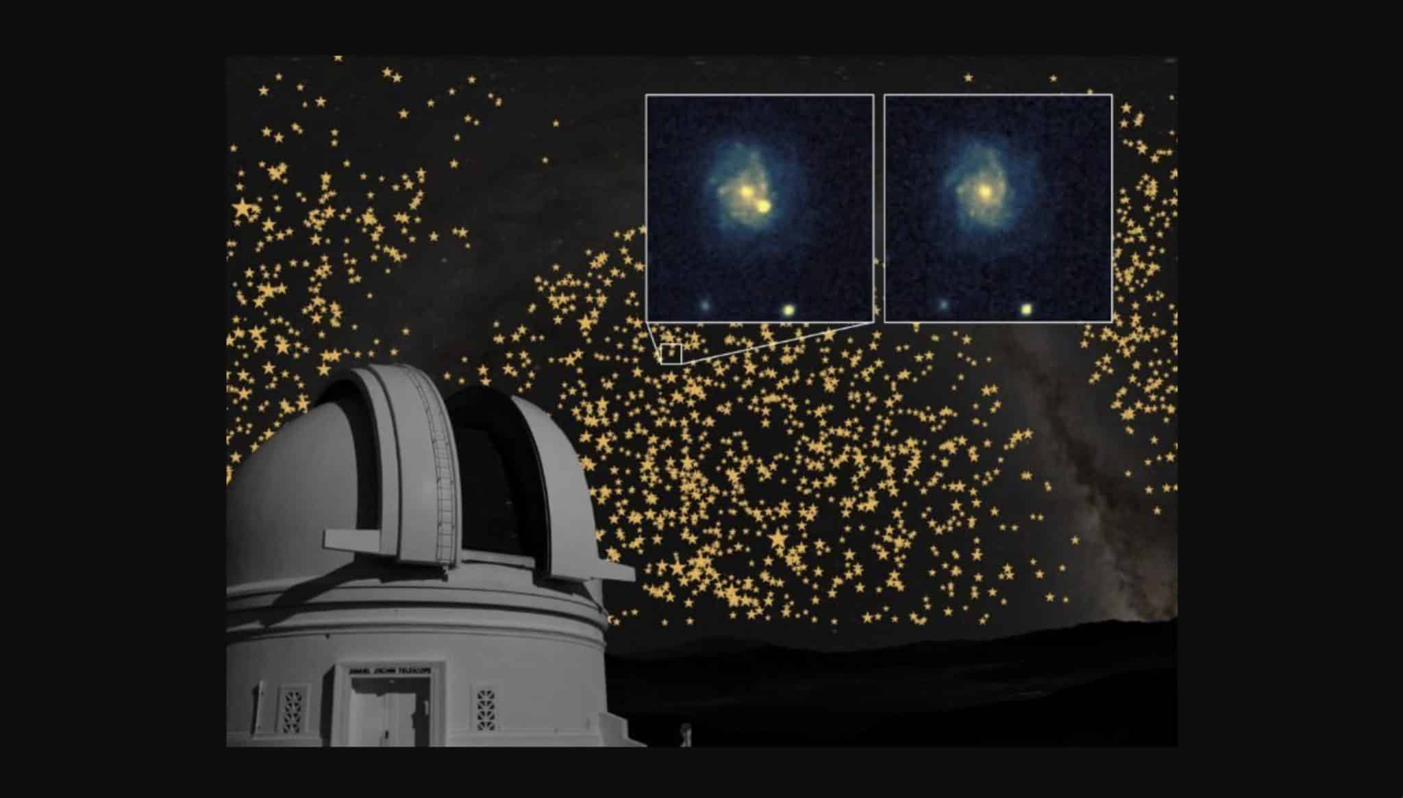 На изображении 120-сантиметровый телескоп Шмидта в Паломарской обсерватории (США), на заднем плане — Млечный Путь. Каждая желтая звезда представляет собой одну из обнаруженных сверхновых, а ее размер соответствует расстоянию от Земли / © Mickael Rigault and the Palomar Observatory/Caltech
