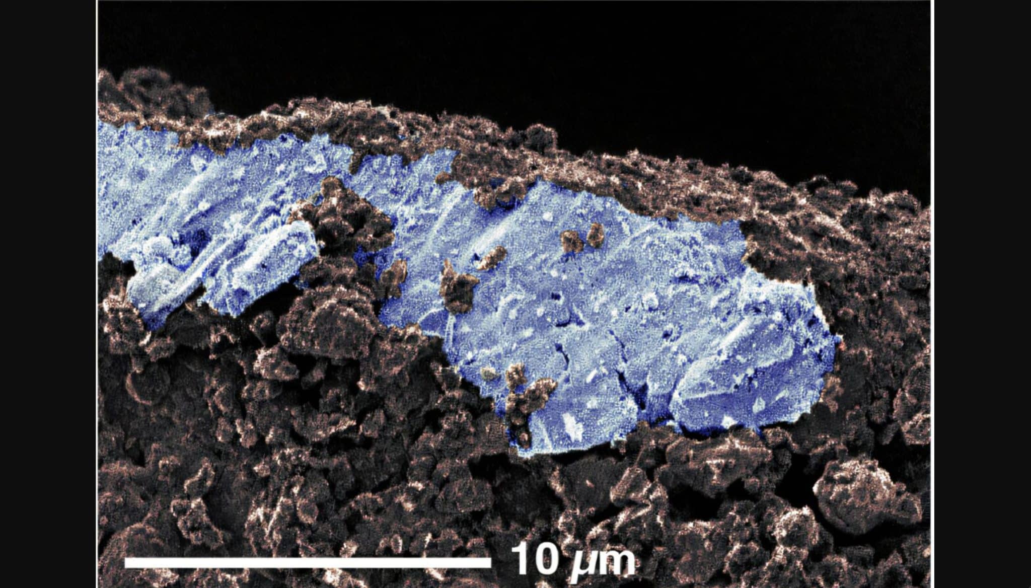 Цветное микроскопическое изображение отложения карбоната натрия на образце Рюгу / © KyotoU/Toru Matsumoto
