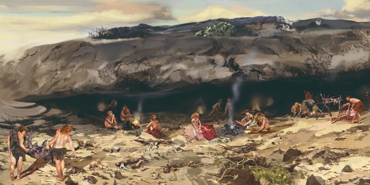 Реконструкция неандертальцев на стоянке, найденной в Abrigo de Navalmaíllo около Мадрида / © Y. González and E. Baquedano