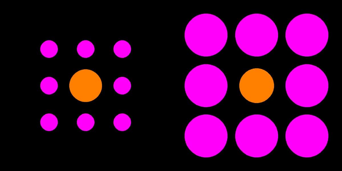 Один из вариантов иллюзии Эббингауза, использованный в эксперименте. Оранжевый круг слева на самом деле немного меньше правого / © Radoslaw Wincza