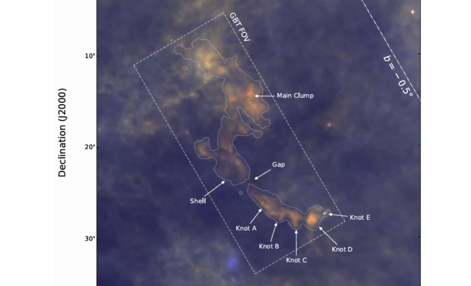 Структура гигантского молекулярного облака, расположенного в 23 000 световых годах от Земли с обозначенным областями звездообразования / ©  The Daily Galaxy --Great Discoveries Channel