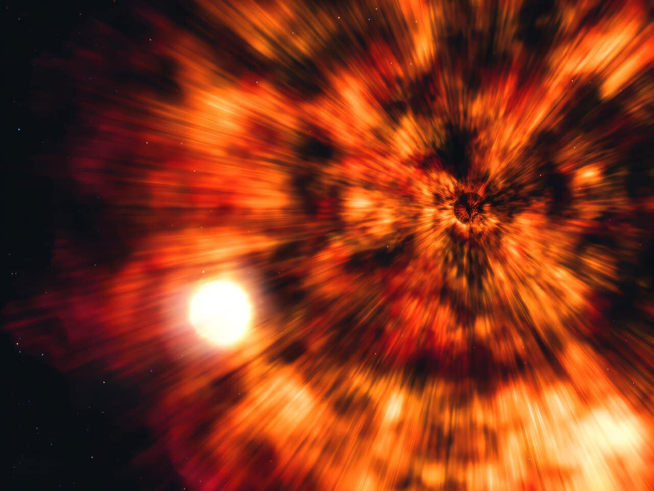 Последствия вспышки сверхновой в представлении художника. В результате коллапса ядра массивной звезды образовалась черная дыра (справа), а обломки от взрыва упали на звезду-компаньона (слева), загрязнив ее атмосферу / © NASA/CXC/SAO/M. Weiss