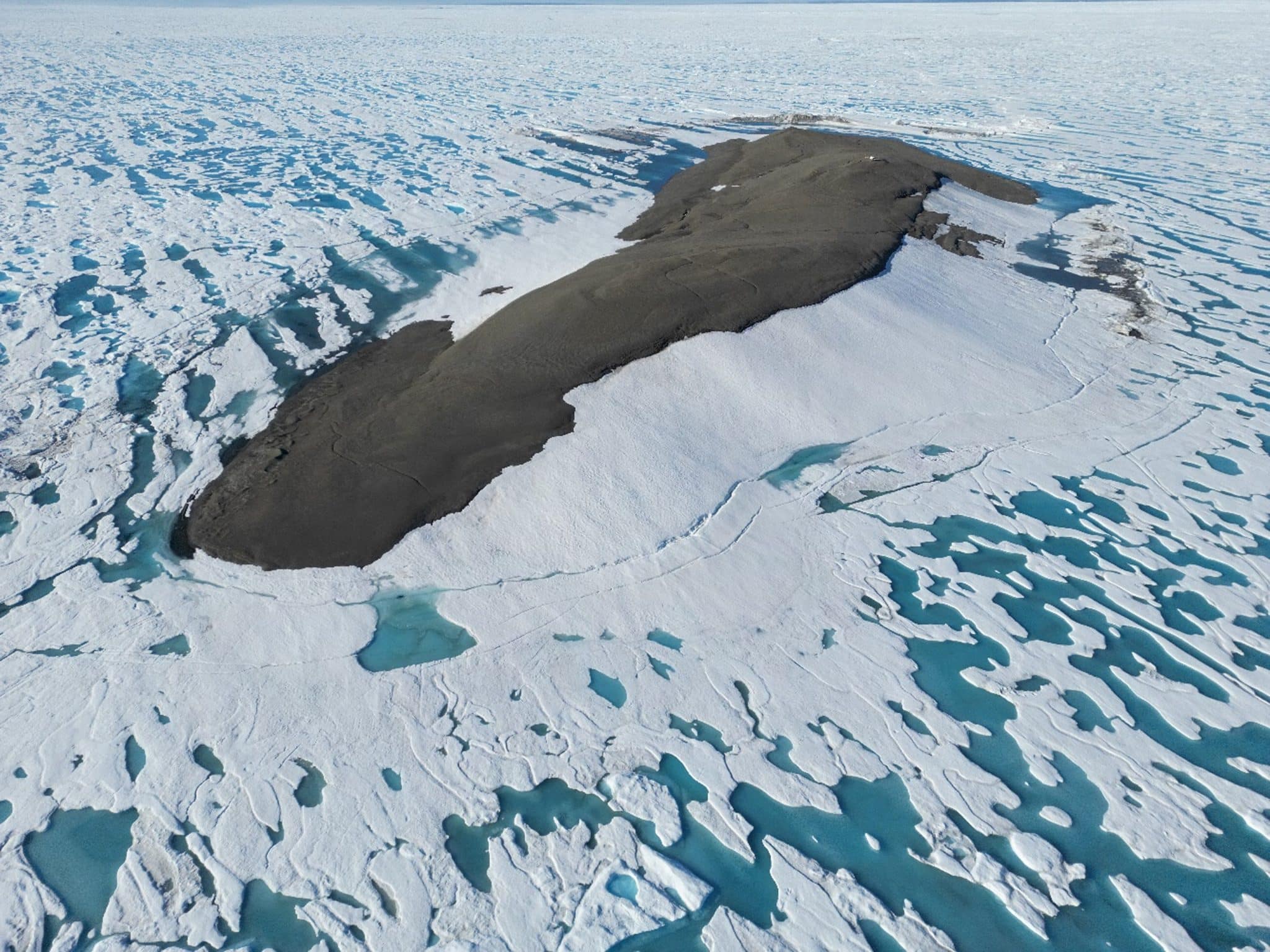 Самая северная точка суши на Земле, остров Inuit Qeqertaat, или «остров кофейного клуба», виден с юго-востока. Вертолет с белым пятном виден на самой высокой точке острова на севере / © Polar Record, Martin Nissen et al.