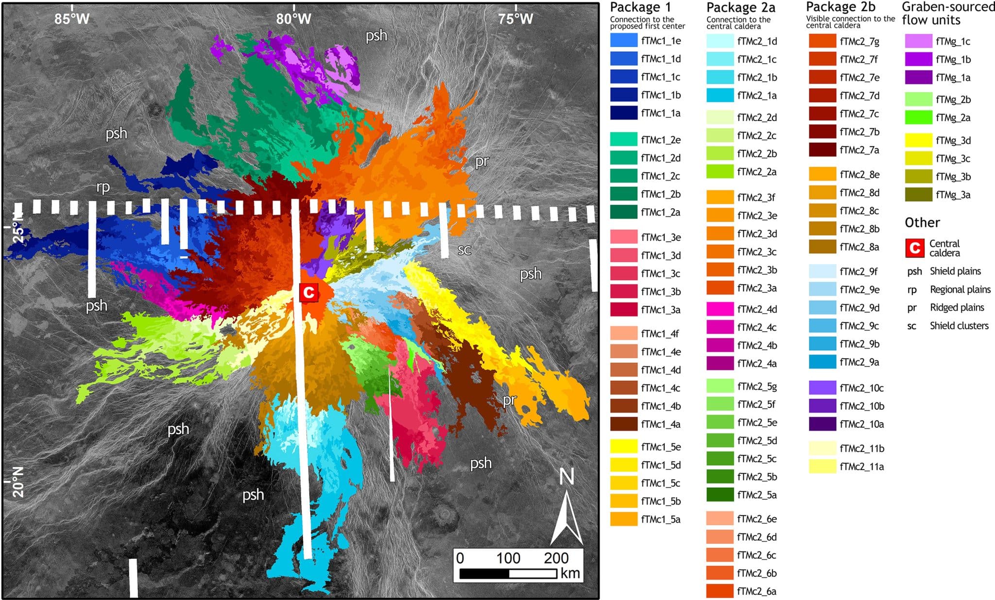 Карта поверхности вулкана Тейя Монс на Венере. Разными цветами помечены группы структур различного возраста: грабены, лавовые потоки, кальдеры / © Planetary and Space Science, A. S. Shimolina et al.