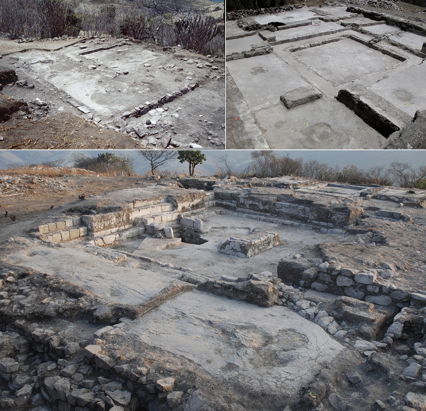 Три расчищенных дома классического периода (550–750 нашей эры) в Эль-Пальмилло, долина Оахака, Мексика. Внизу — самая крупная и сложная структура (Platform 11), сверху — менее сложное помещение (Structure 35), слева вверху — маленькая комната (Terrace 925) / © Linda Nicholas, Gary Feinman