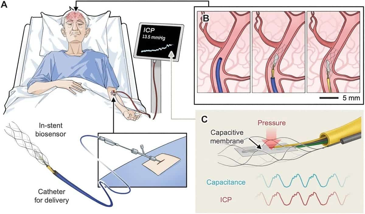 Биосенсорная система, помещенная в катетер, достигает твердой мозговой оболочки и беспрепятственно там развертывается / © Jimin Lee et al.
