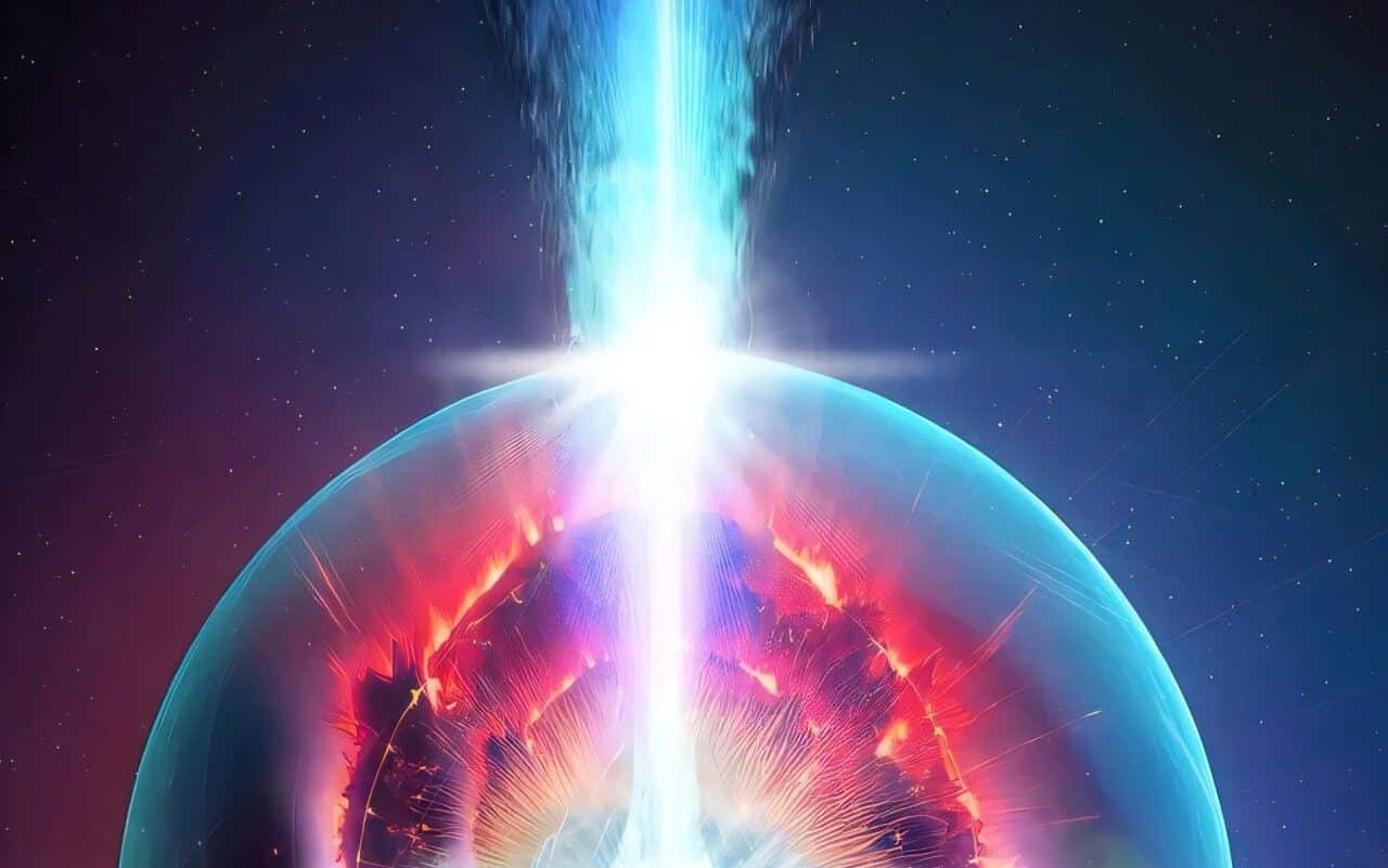 Джет из высокоэнергетических фотонов прорывается сквозь сброшенное звездой вещество. Это провоцирует образование свободных нейтронов для формирования тяжелых элементов. В представлении художника / © Los Alamos National Laboratory