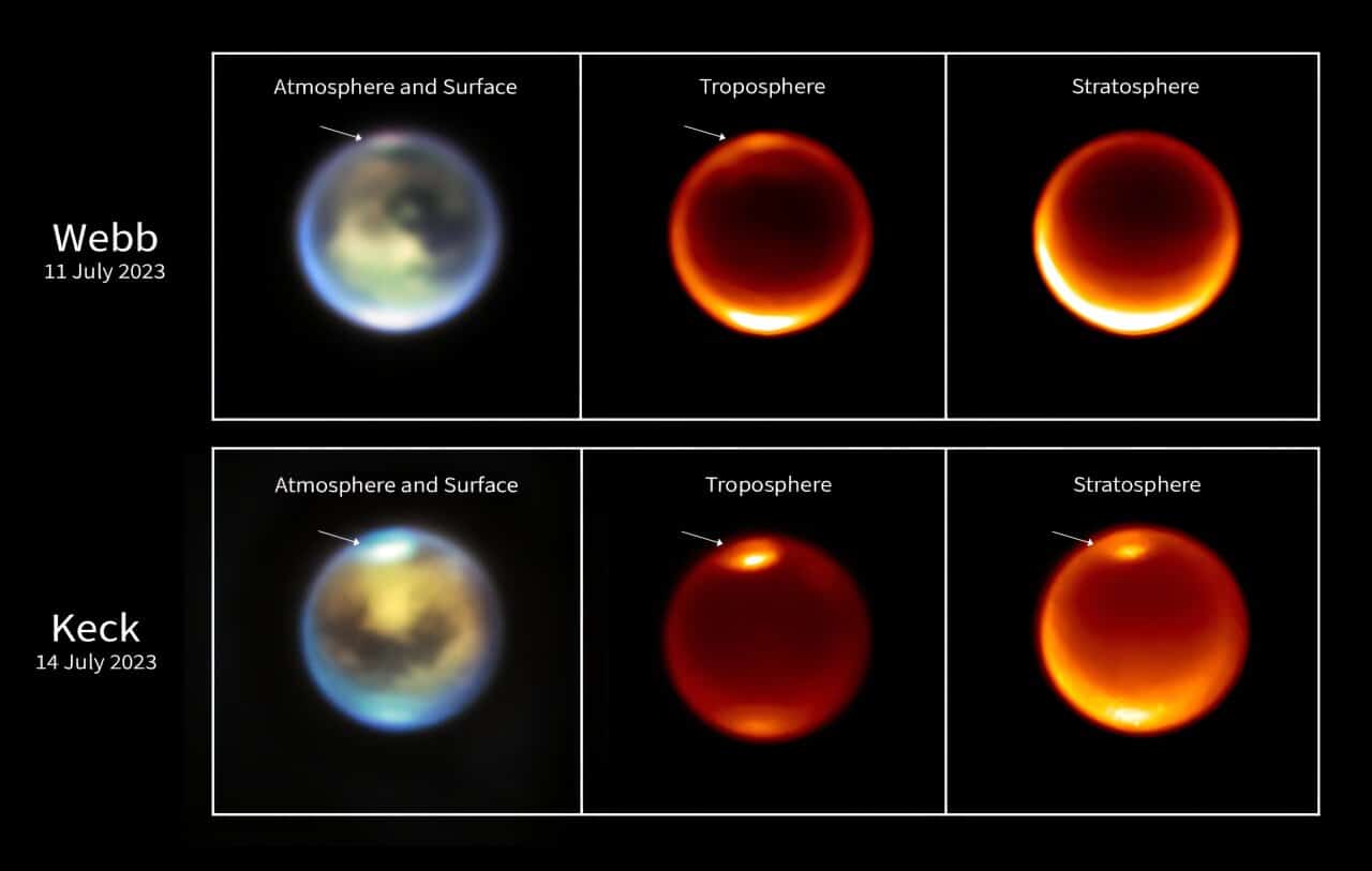 Изображения Титана, полученные при помощи космического телескопа «Джеймс Уэбб» 11 июля 2023 года (верхний ряд) и наземной Обсерватории Кека 14 июля 2023 года (нижний ряд). Облака метана обозначены белыми стрелками и появляются на разных высотах в северном полушарии луны Сатурна. / ©  NASA, ESA, CSA, STScI, W. M. Keck Observatory.