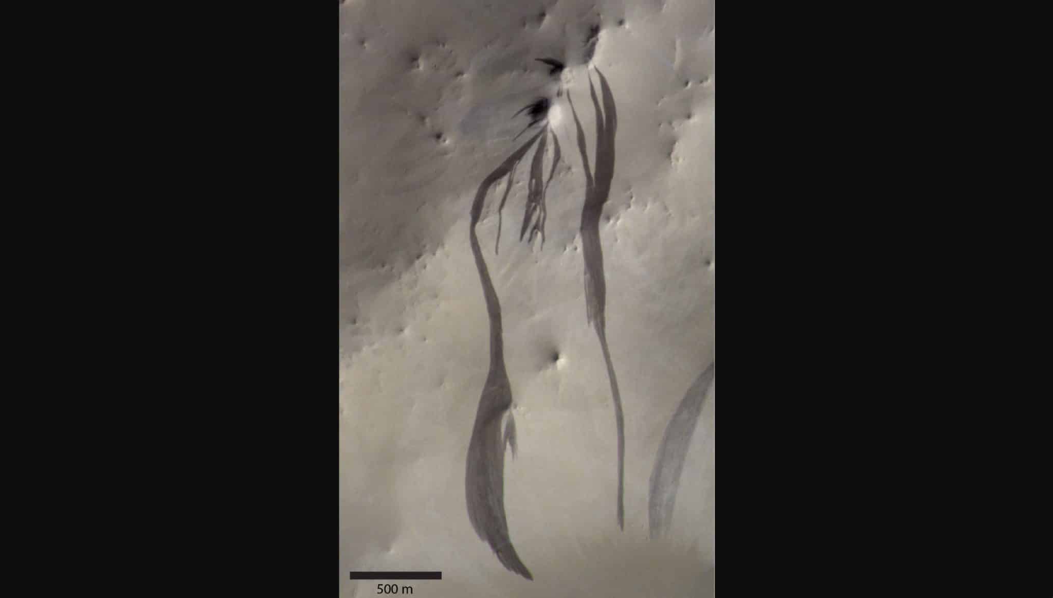 На изображении темные полосы, спускающиеся по пыльным склонам в регионе Земля Аравия на Марсе.  / © NASA