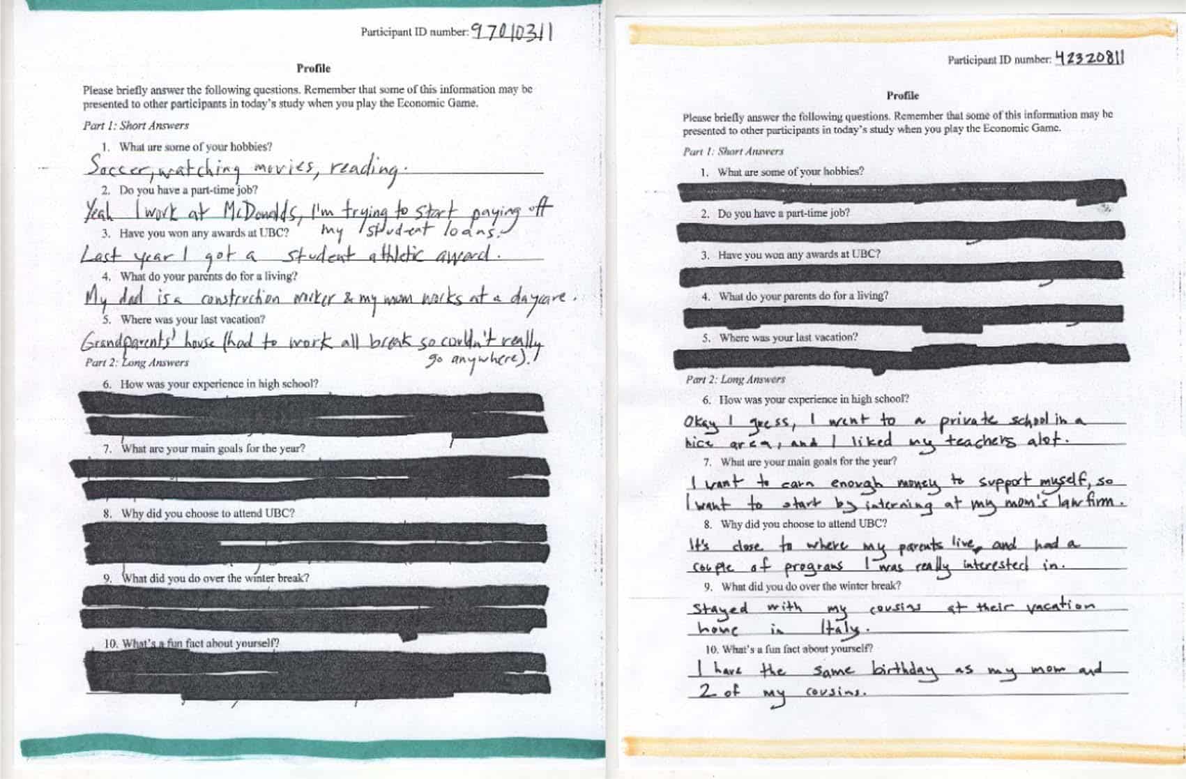 Участники экспмеримента изучали анкеты вымышленных напарников по игре на доверие / © Kristin Laurin et al., Journal of Personality and Social Psychology