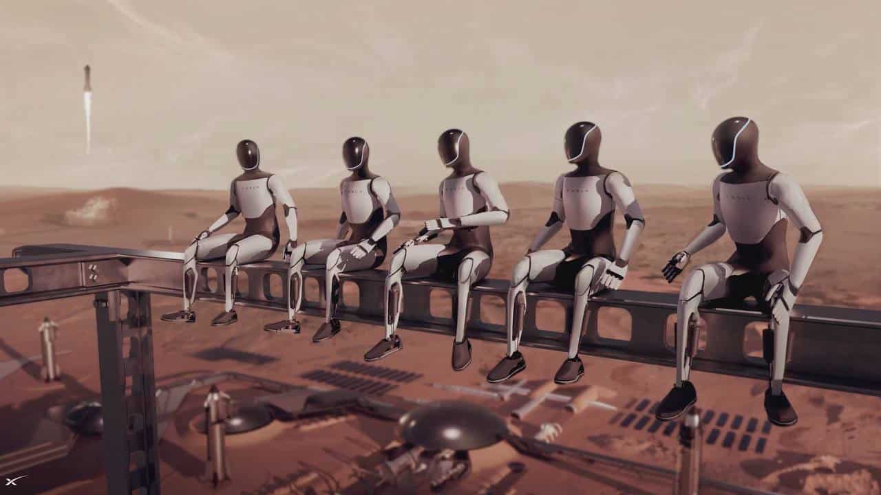 Хотя это изображение с выступления Маска всего лишь отсылка к известному в американской масс-культуре фото, SpaceX действительно планирует широко использовать роботов Optimus для выполнения наружных работ на Марсе. Насколько это окажется реальным, пока неясно / © SpaceX