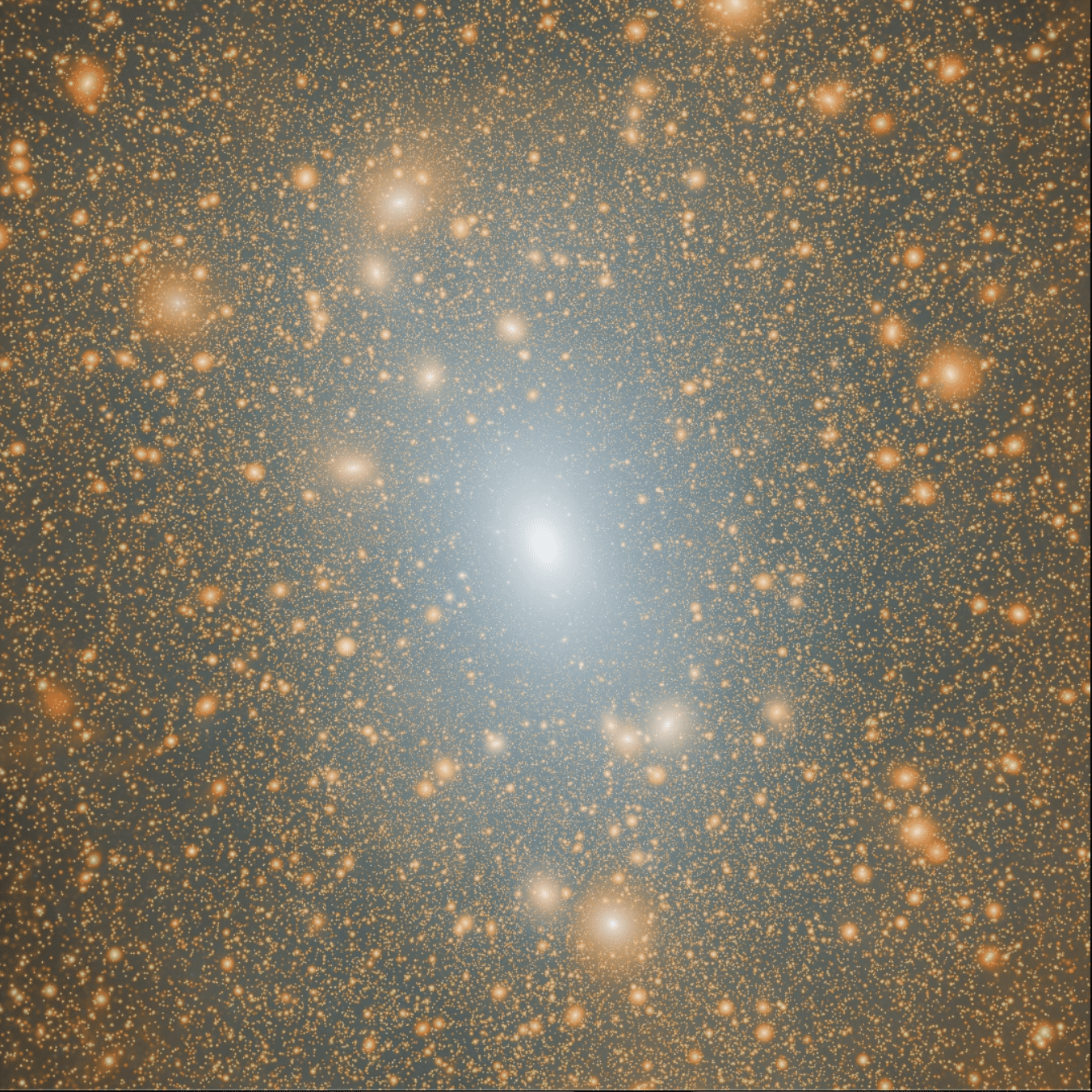 Распределение темной материи в гало Млечного Пути: центральное яркое пятно — основное гало, окруженное тысячами субструктур из темной материи, некоторые из них могут содержать карликовые галактики-спутники. Изображение получено с помощью симуляции Aquarius-A-L1 / ©  The Aquarius simulation, the Virgo Consortium / Dr. Mark Lovell