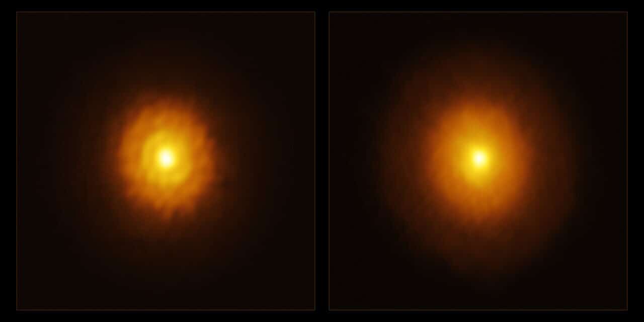 Изображения протопланетного диска звезды MP Mus, полученные с помощью радиотелескопа ALMA. Справа — снимок 2023 года, на котором диск выглядит однородным и гладким. Слева — новое изображение, на котором видны скрытые структуры: щель и кольцо, указывающие на возможное присутствие планеты. / © ALMA (ESO/NAOJ/NRAO) / A. Ribas et al.
