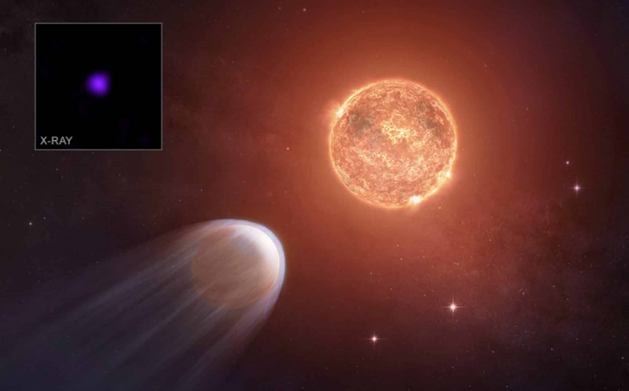Молодая экзопланета в представлении художника теряет атмосферу под мощным излучением родительской звезды TOI 1227. / © X-ray: NASA/CXC/RIT/A. Varga et al.; Illustration: NASA/CXC/SAO/M. Weiss; Image Processing: NASA/CXC/SAO/N. Wolk