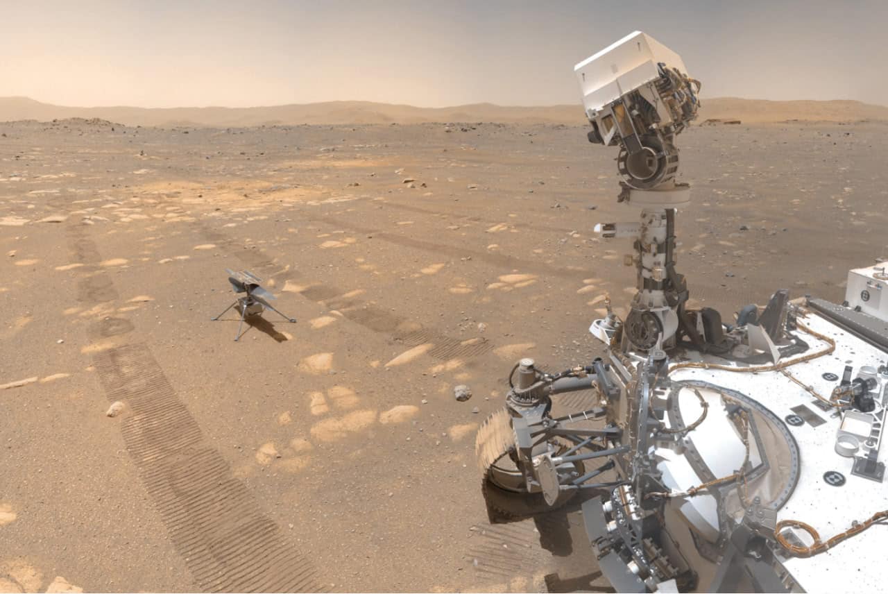 Марсоход Perseverance вместе с летающим дроном, фотоколлаж составлен из снимков самого марсохода от 2021 года / © NASA, JPL-Caltech, MSSS, Seán Doran