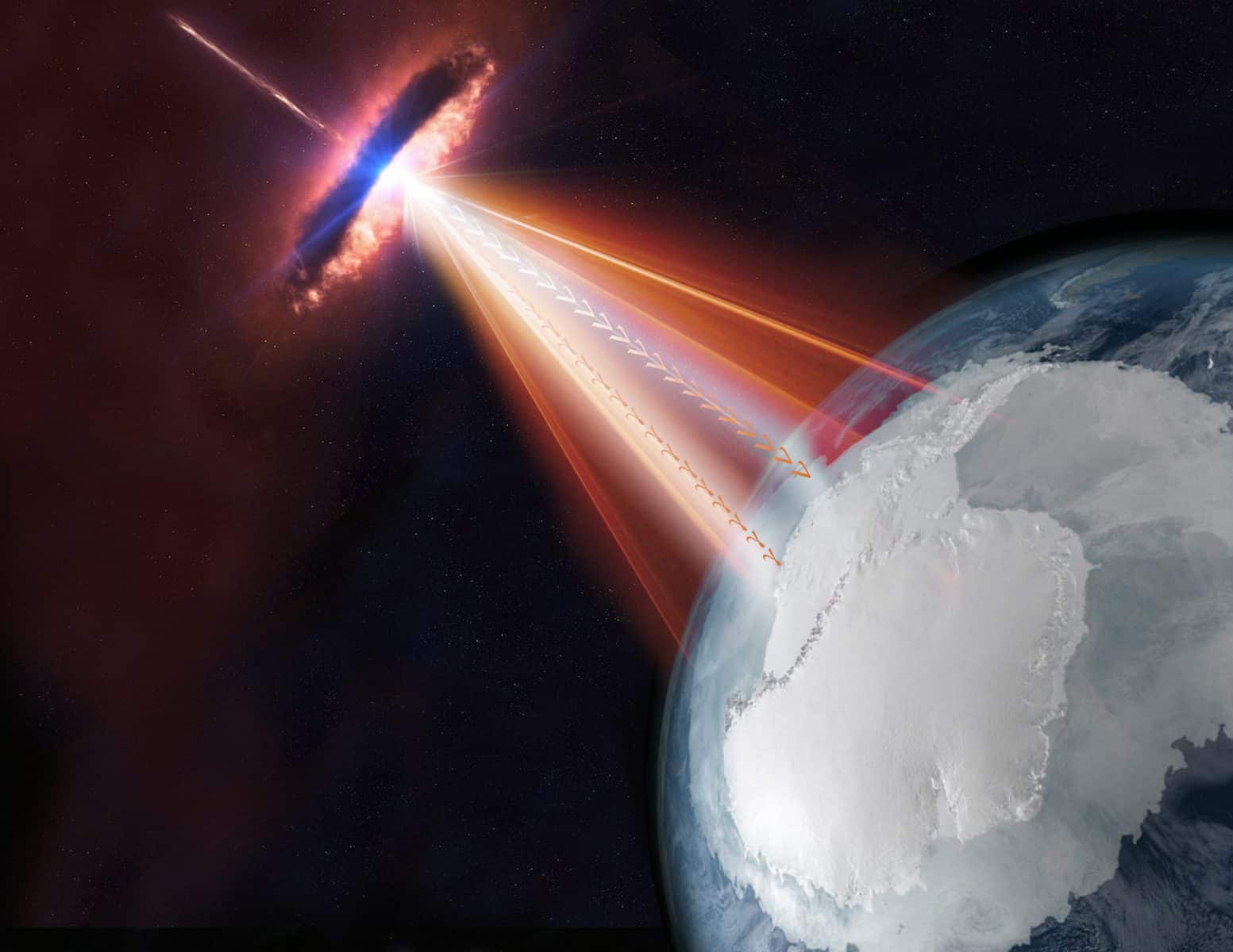 Схематичная иллюстрация блазара, джет которого направлен на Землю. Как показали исследования, рекородное по энергии нейтрино могло прилететь от такого объекта. Не в масштабе / © IceCube/NASA