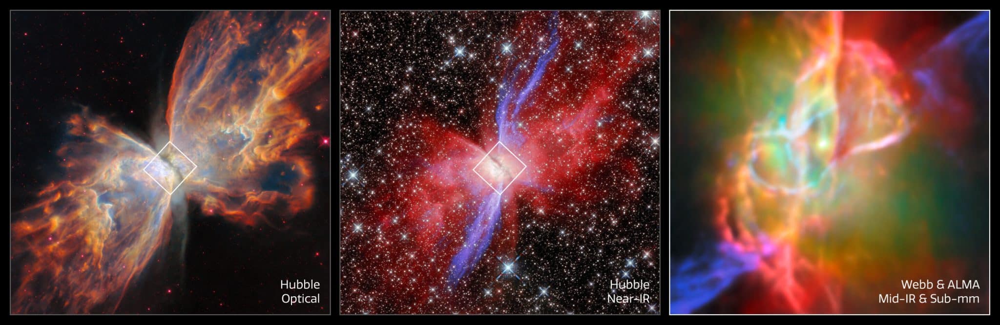 Изображения туманности Бабочка (NGC 6302), полученные с помощью космического телескопа «Хаббл» (слева и посередине), а также при помощи «Уэбба» (последнее). / © ESA/Webb, NASA & CSA, M. Matsuura, J. Kastner, K. Noll, ALMA (ESO/NAOJ/NRAO), N. Hirano, J. Kastner, M. Zamani (ESA/Webb)