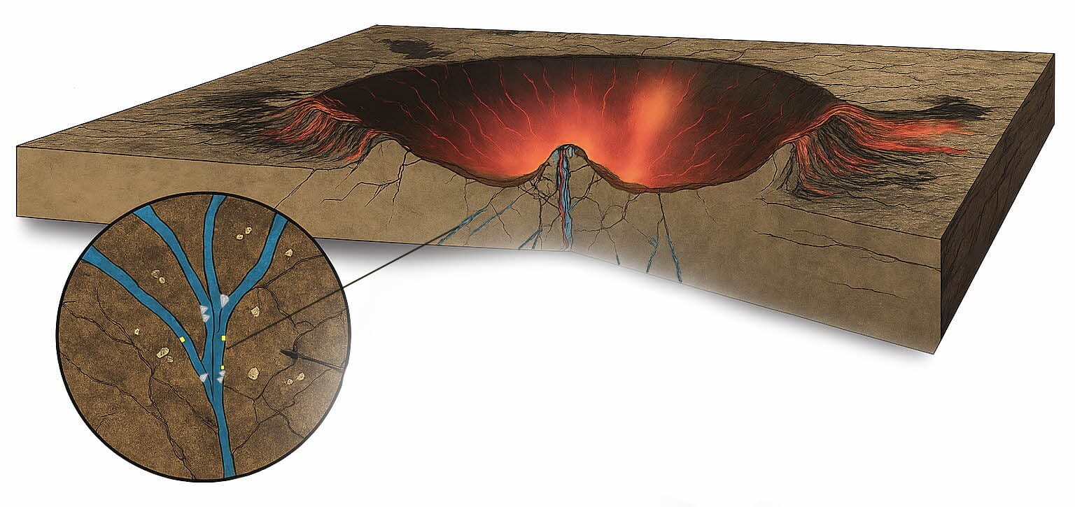 Ударный кратер Лаппаярви (Финляндия), в трещинах которого обнаружили химические «подписи» древних микроорганизмов. На увеличенном фрагменте (слева) синим отмечены области, где нашли признаки микробной жизни./ © Henrik Drake and Gordon Osinski