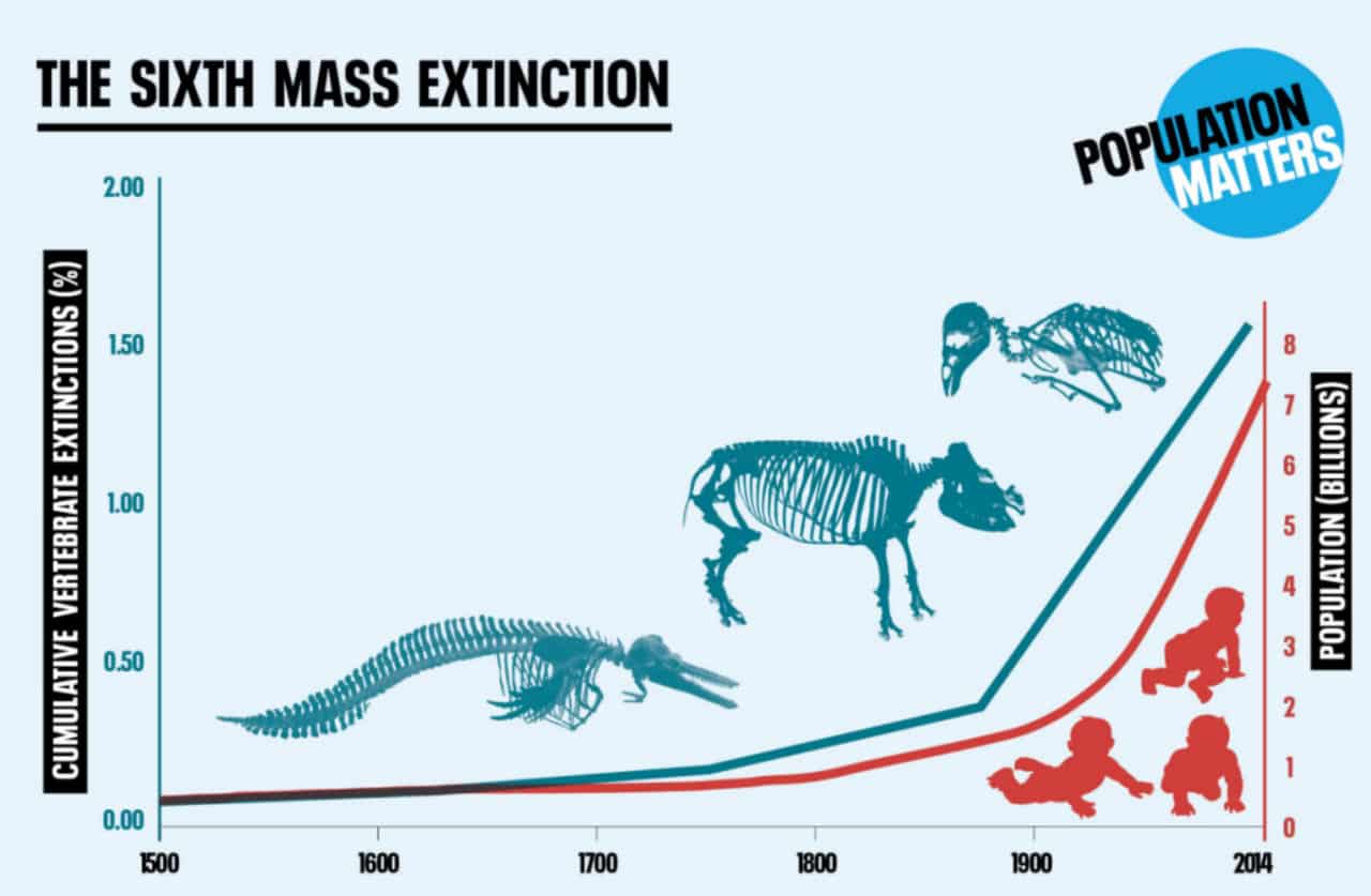 Одна из типичных иллюстрация шестого массового вымирания в медиа: слева показаны уже вымершие животные, справа человеческие дети, поскольку при реальном массовом вымирании гибель людей практически неизбежна / © Ceballos et al., IUCN, Roser. 2017