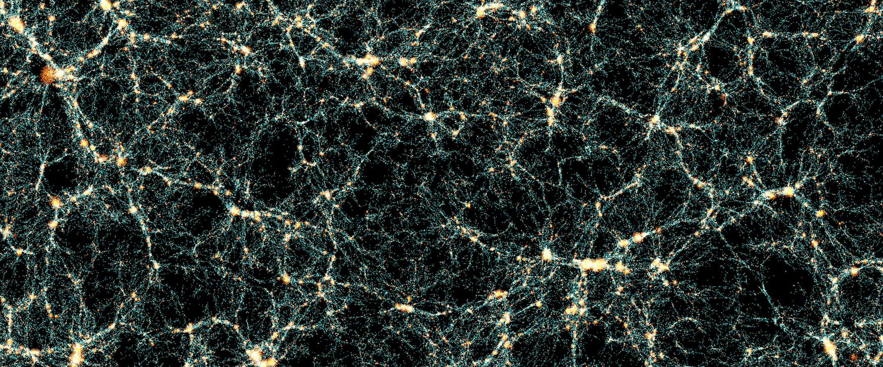 Изображение создано в рамках симуляции Flagship 2. Каждая точка — это отдельная галактика: голубым отмечены галактики в центрах сгустков темной материи, а красным — их спутники. Вместе они выстраиваются в гигантскую космическую структуру, образуя узлы, нити и пустоты — так называемую «космическую паутину», которая отражает распределение массы во Вселенной.   / © Port d’Informació Científica / Euclid Consortium