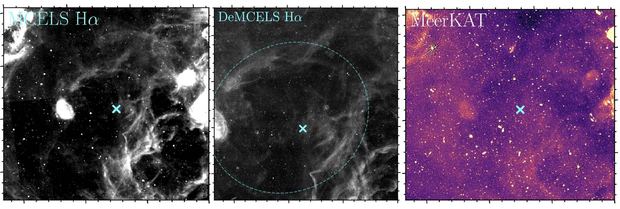 Рекордный по размерам сверхостаток новой LMCN 1971-08a в Большом Магеллановом Облаке. Слева снимок из обзора MCELS, в центре —снимок из обзора DeMCELS с обозначенным размером сверхостатка, справа — снимок радиотелескопа MeerKAT / © Michael W. Healy-Kalesh et al, A&A (2025)