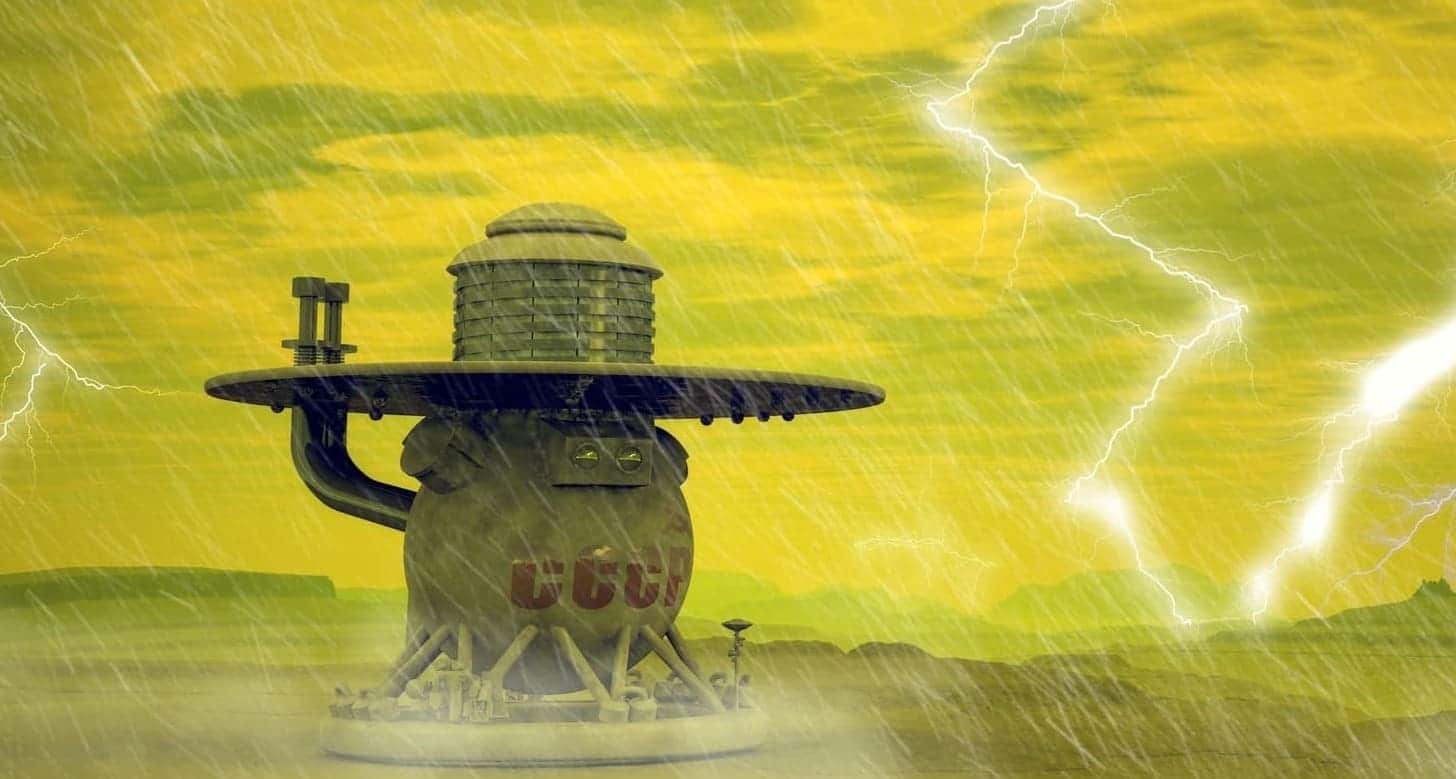 Один из советских космических аппаратов серии «Венера» на поверхности Венеры в представлении художника / © Wikimedia Commons/wewewegrafikbaydeh (Reimund Bertrams)