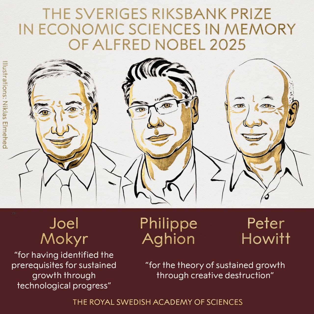 Джоэль Мокир, Филипп Агион и Питер Ховитт / © Nobel Prize