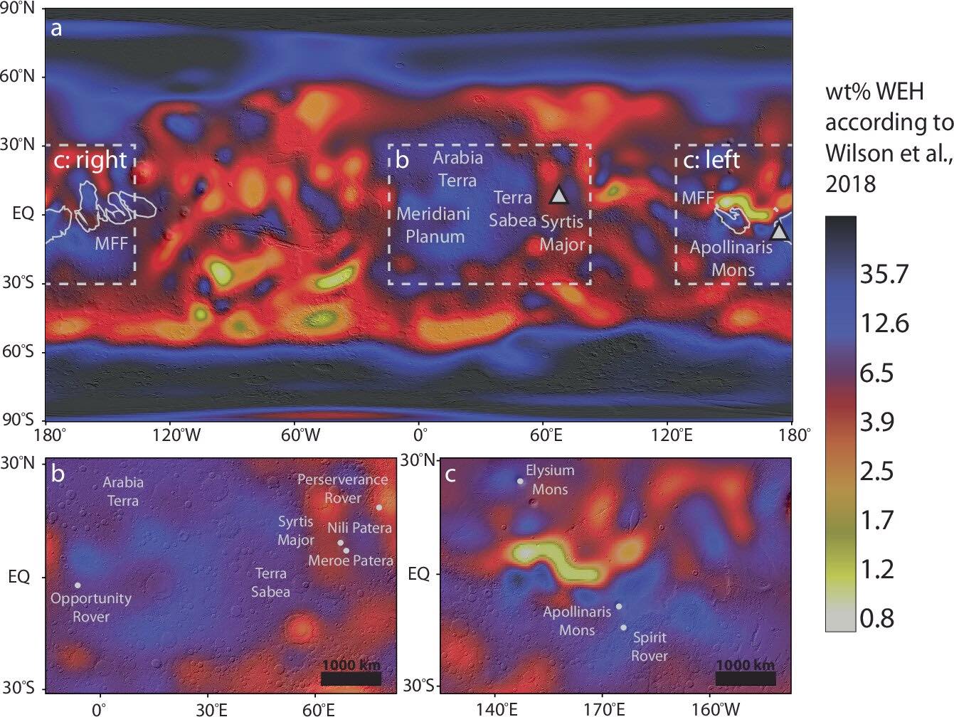 Глобальное распределение приповерхностного водорода. В экваториальных зонах наблюдается избыток. / © Saira S. Hamid et.al / Nature Communications (2025)