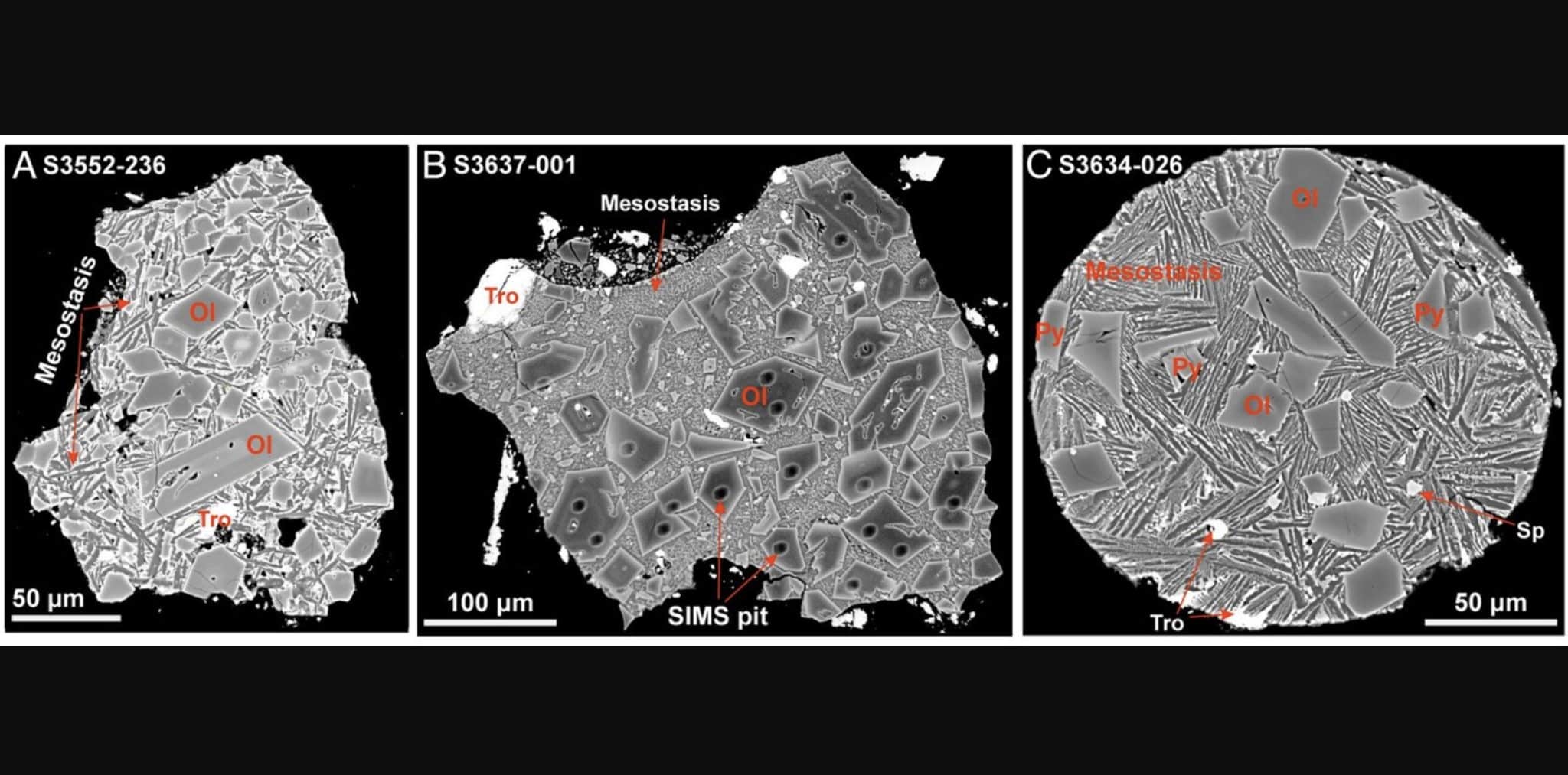 Структура фрагментов лунного реголита, содержащих кристаллы оливина. Изображения получены с помощью метода сканирующей электронной микроскопии. На снимках также видны троилит, пироксен и шпинель.  / © Proceedings of the National Academy of Sciences (2025)