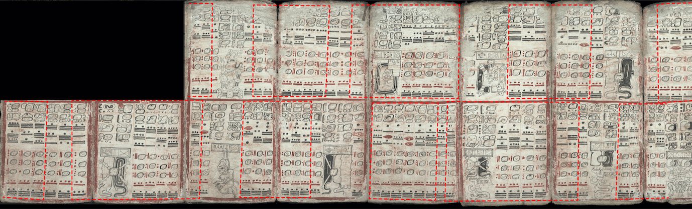 Таблица затмений в Дрезденском кодексе. Пунктирными рамками выделены последовательности из шести или (один раз) семи затмений, обозначенных как «запланированные». / © John Justeson et. al/Science Advances (2025). DOI: 10.1126/sciadv.adt9039