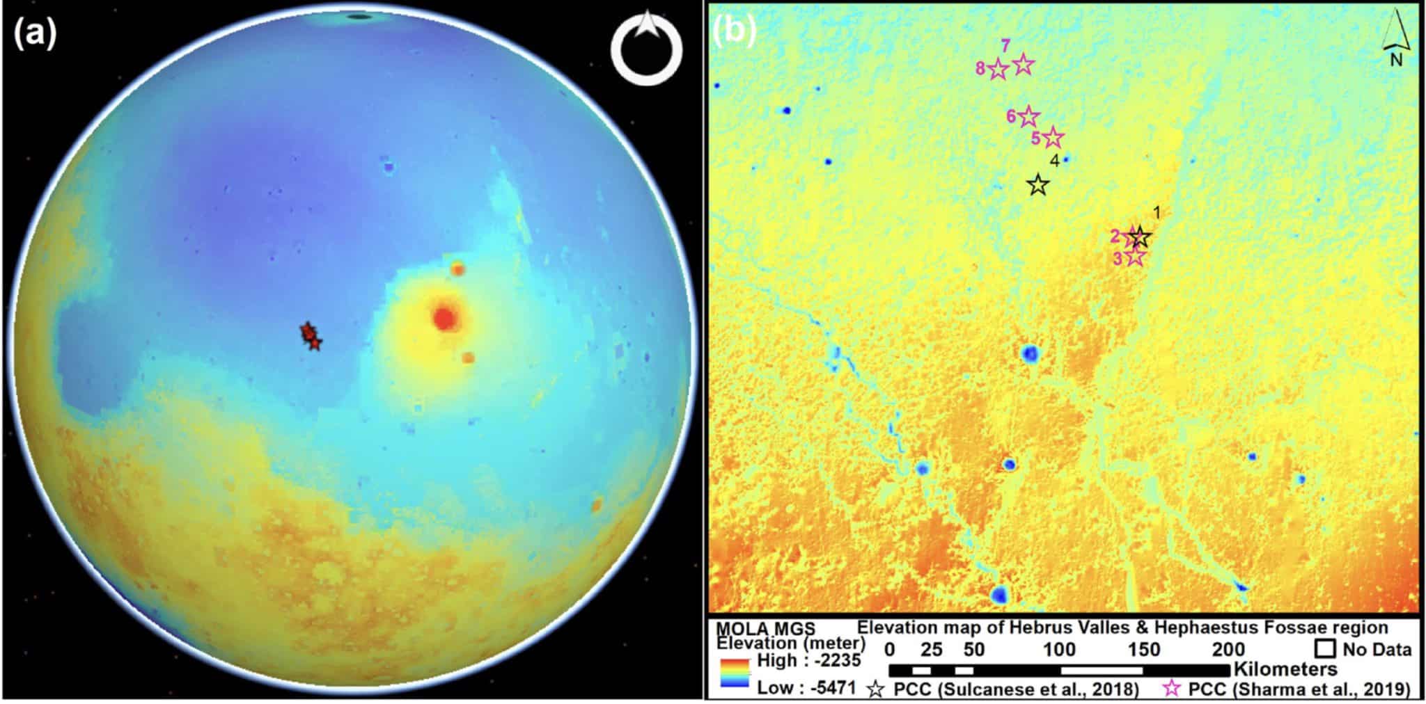 Расположение предполагаемых карстовых пещер в регионе Hebrus Valles на Марсе. Слева (а) — красными звездами отмечена изученная область в северо-западной части равнины Элизий (Elysium Planitia). Справа (b) — восемь возможных входов в пещеры обозначены красными звездочками. / © The Astrophysical Journal Letters (2025)