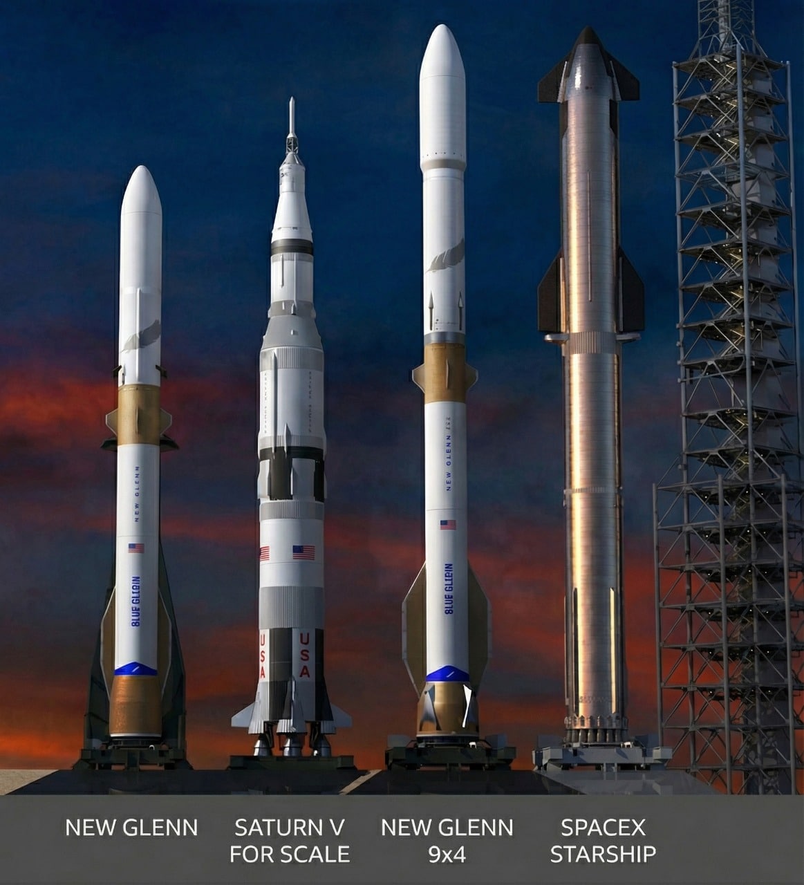 Слева направо: текущий New Glenn, он же он же 7х2, лунная ракета фон Брауна «Сатурн-v», будущий New Glenn, он же 9х4, Starship. Легко видеть, что хотя по высоте он сопоставим с New Glenn, диаметр ракеты SpaceX больше, а материал (нержавеющая сталь) позволяет его второй ступени быть многоразовой, что нереально для алюминиевой второй ступени New Glenn / © Dave Limp, Han Lin