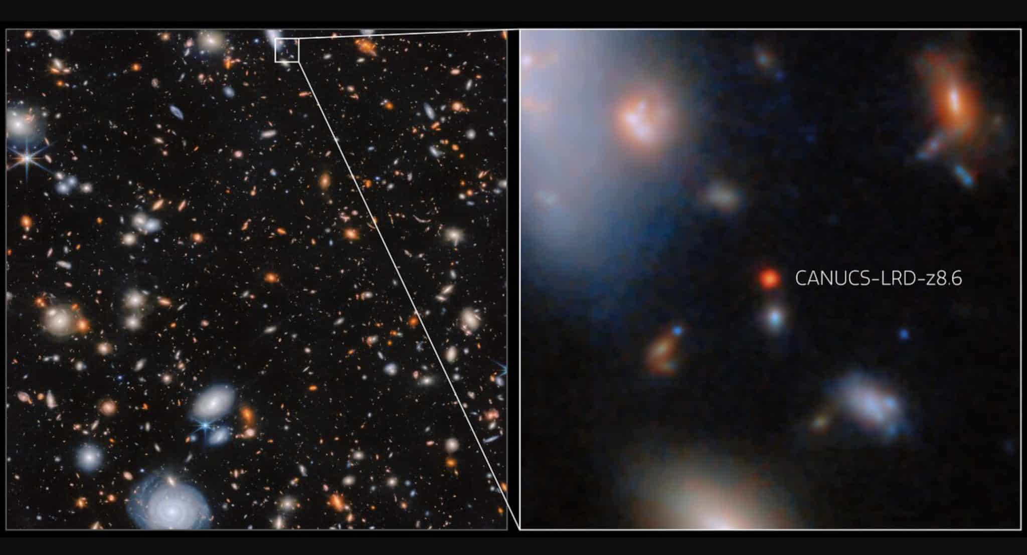 На изображении галактика CANUCS-LRD-z8.6 такой, какой она была через 500 миллионов лет после Большого взрыва. В ее центре расположилась активно растущая сверхмассивная черная дыра / ©  ESA, NASA, CSA